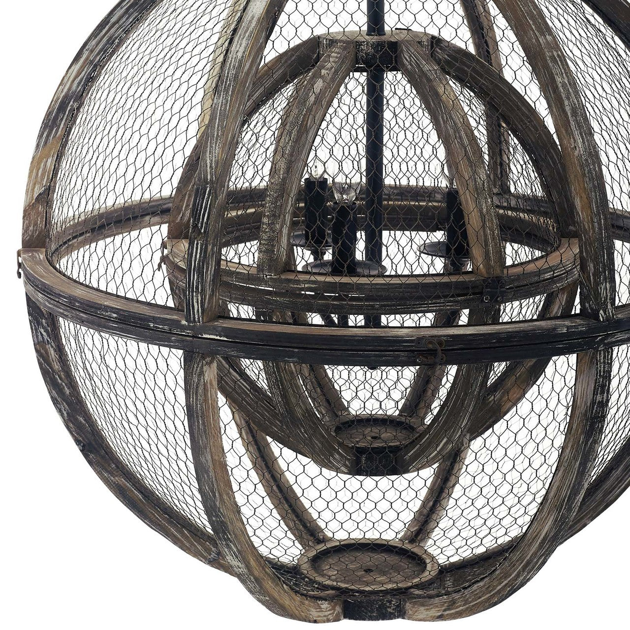 Gravitate Globe Rustic Oak Wood Pendant Light Chandelier, Wood, Natural Dark Brown 15364