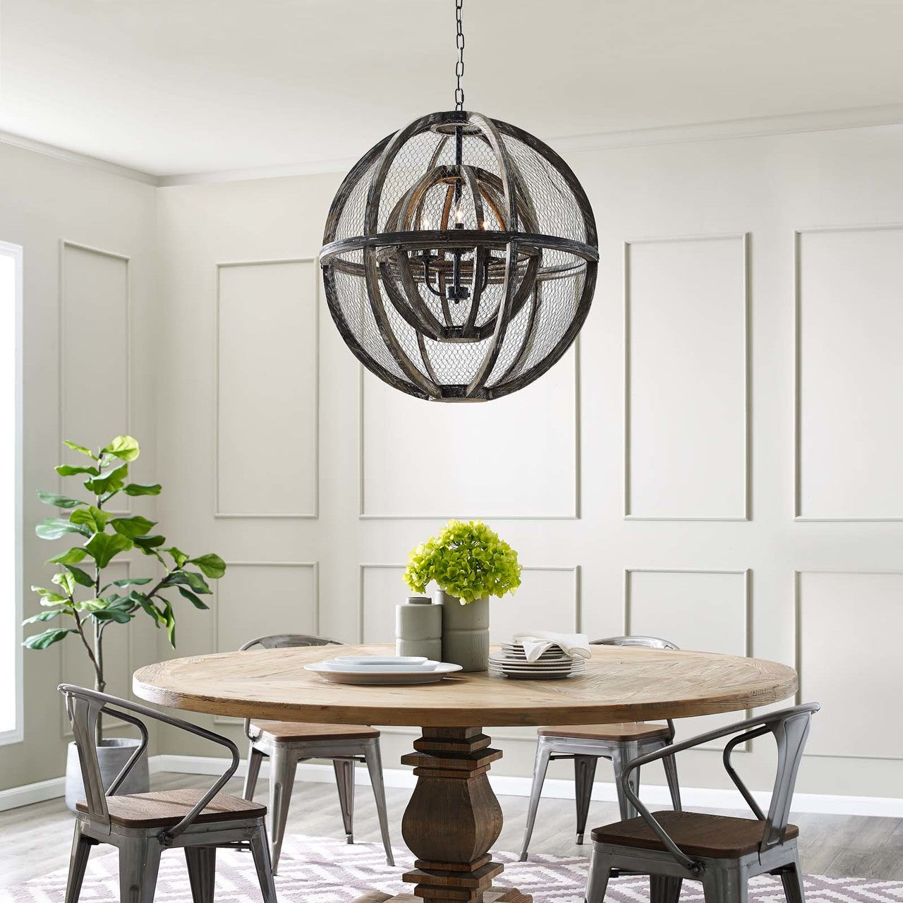 Gravitate Globe Rustic Oak Wood Pendant Light Chandelier, Wood, Natural Dark Brown 15364