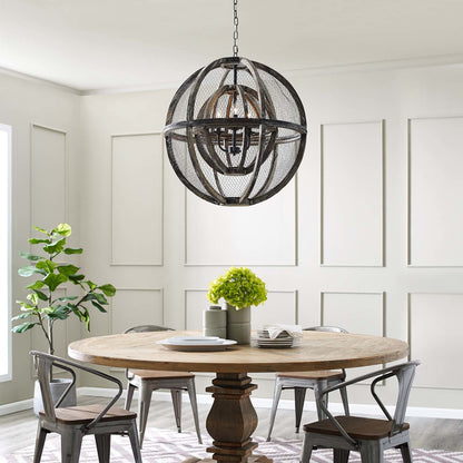 Gravitate Globe Rustic Oak Wood Pendant Light Chandelier, Wood, Natural Dark Brown 15364