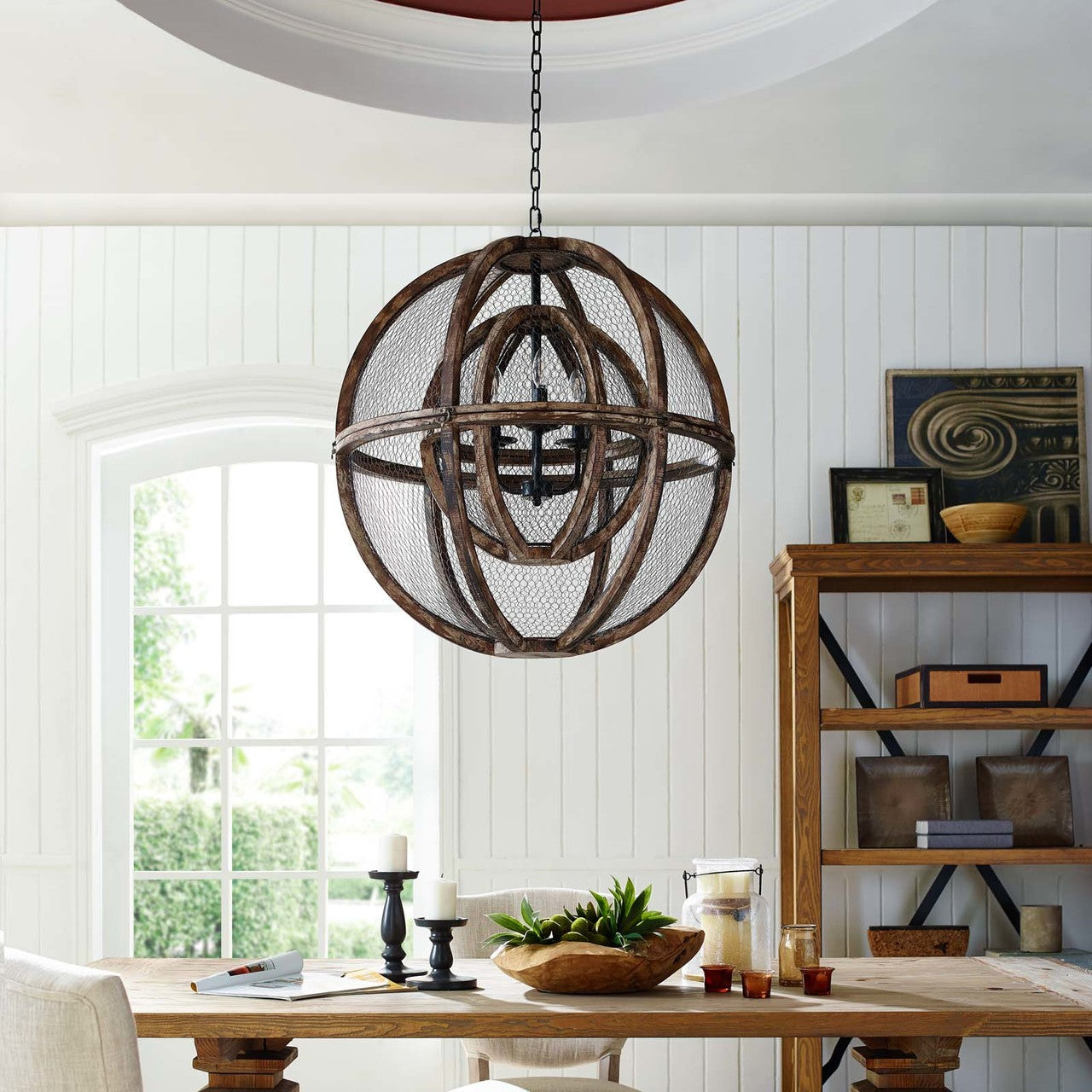 Gravitate Globe Rustic Oak Wood Pendant Light Chandelier, Wood, Natural Dark Brown 15364