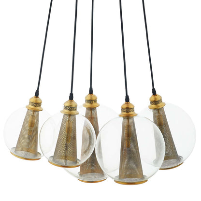 Peak Brass Cone And Glass Globe Cluster Pendant Light Chandelier, Metal Steel, Black Gold 15703