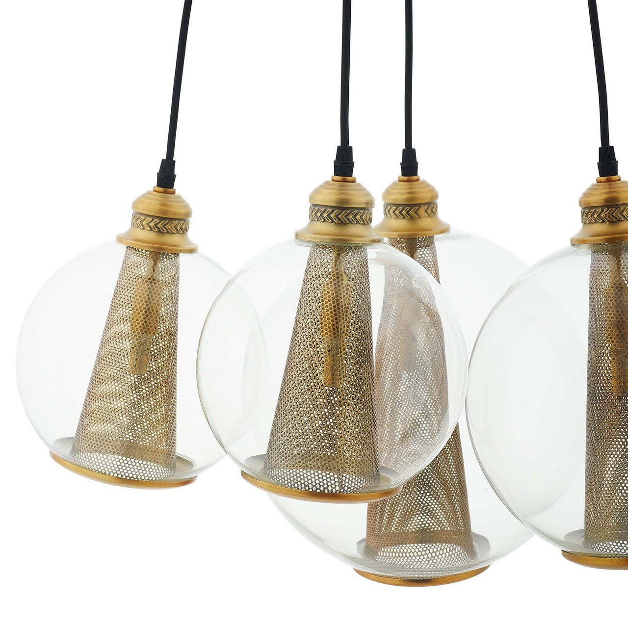 Peak Brass Cone And Glass Globe Cluster Pendant Light Chandelier, Metal Steel, Black Gold 15703
