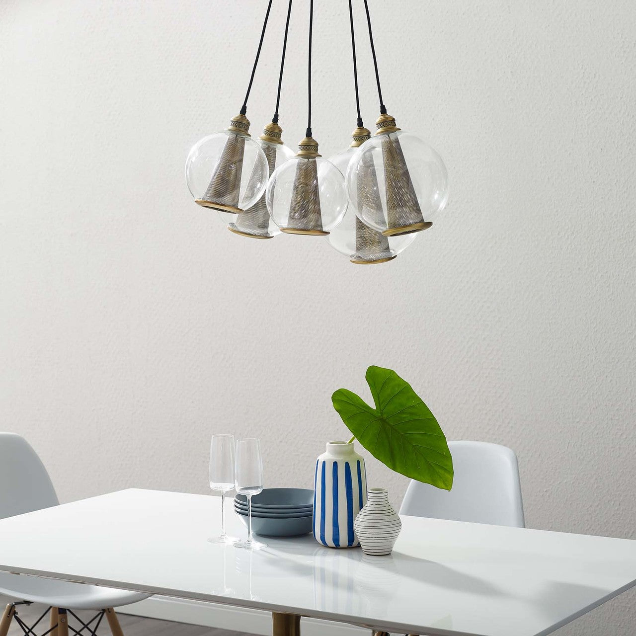 Peak Brass Cone And Glass Globe Cluster Pendant Light Chandelier, Metal Steel, Black Gold 15703