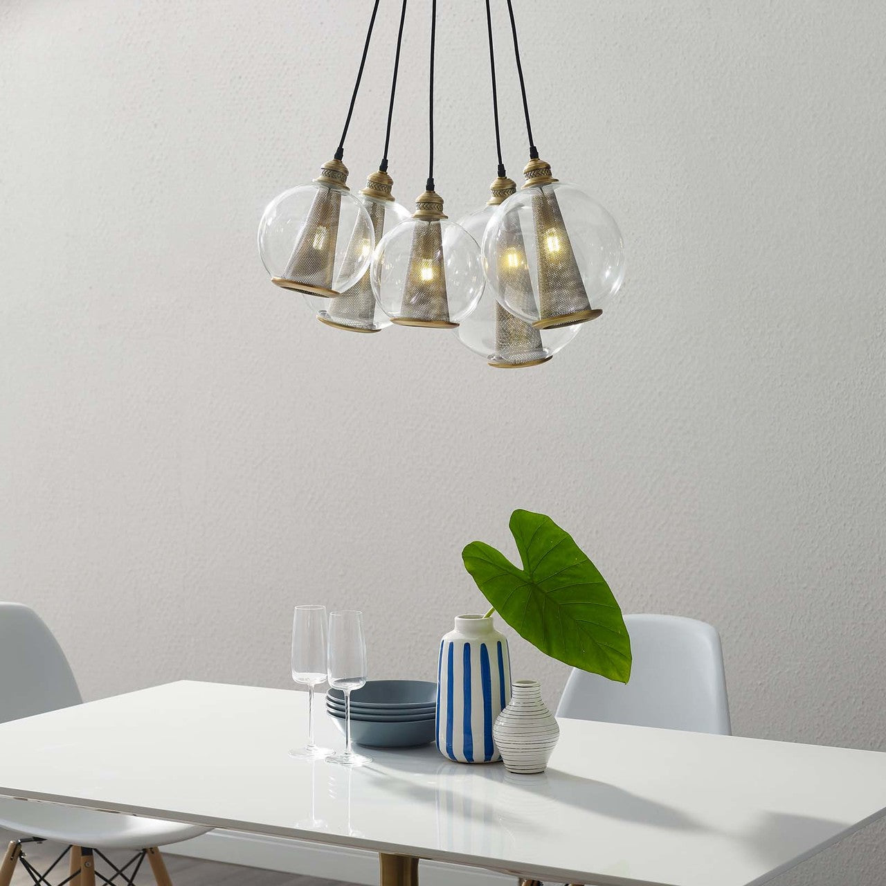 Peak Brass Cone And Glass Globe Cluster Pendant Light Chandelier, Metal Steel, Black Gold 15703