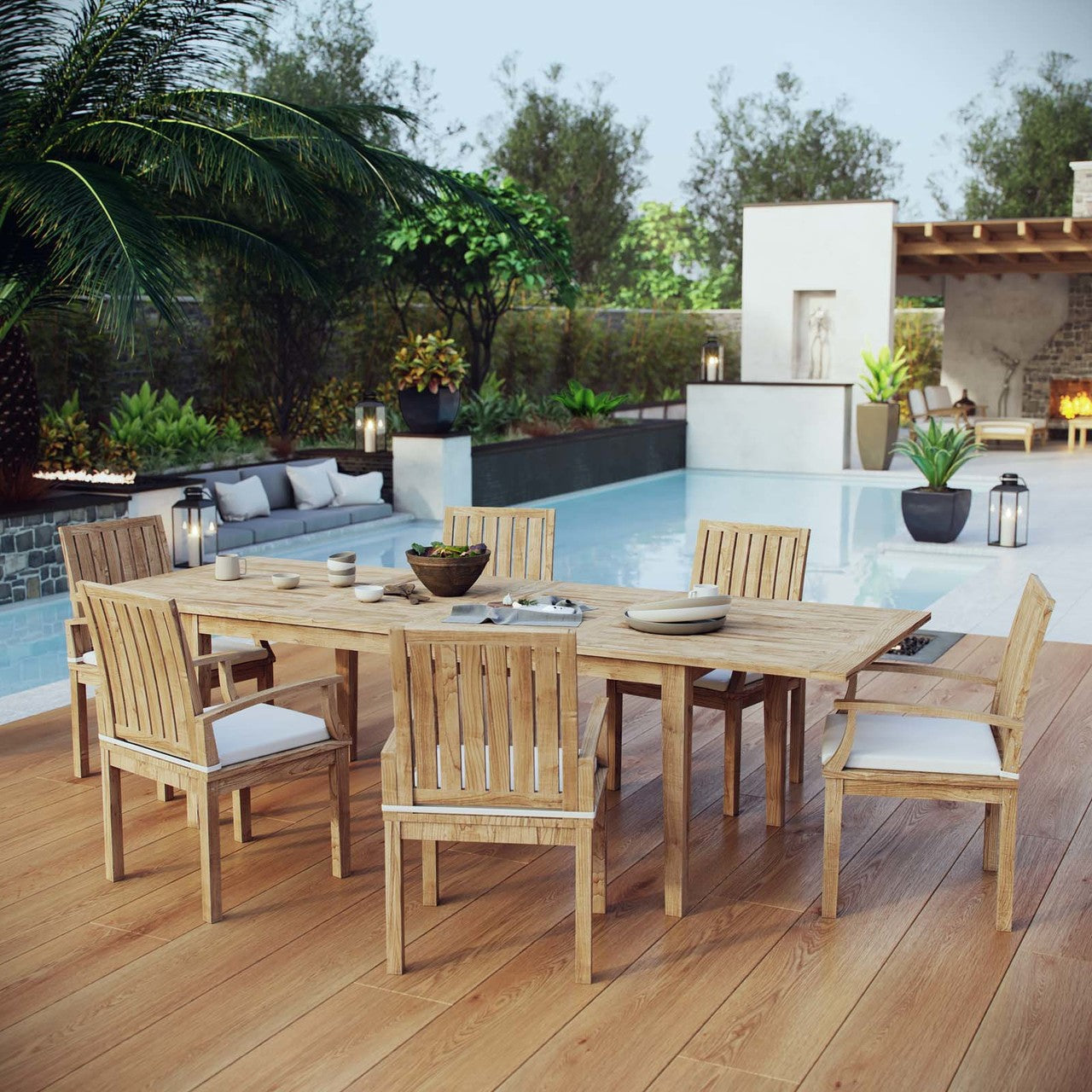 Marina 7 Piece Outdoor Patio Teak Outdoor Dining Set, Wood, White Natural 14269