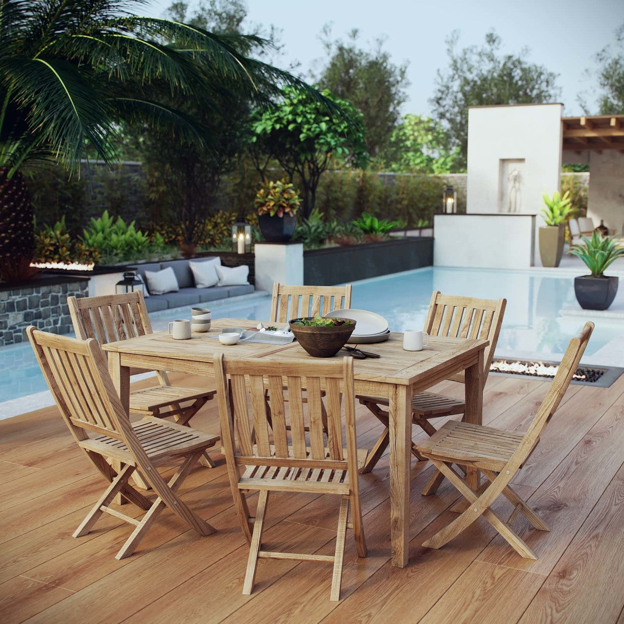 Marina 7 Piece Outdoor Patio Teak Outdoor Dining Set, Wood, Natural 14280