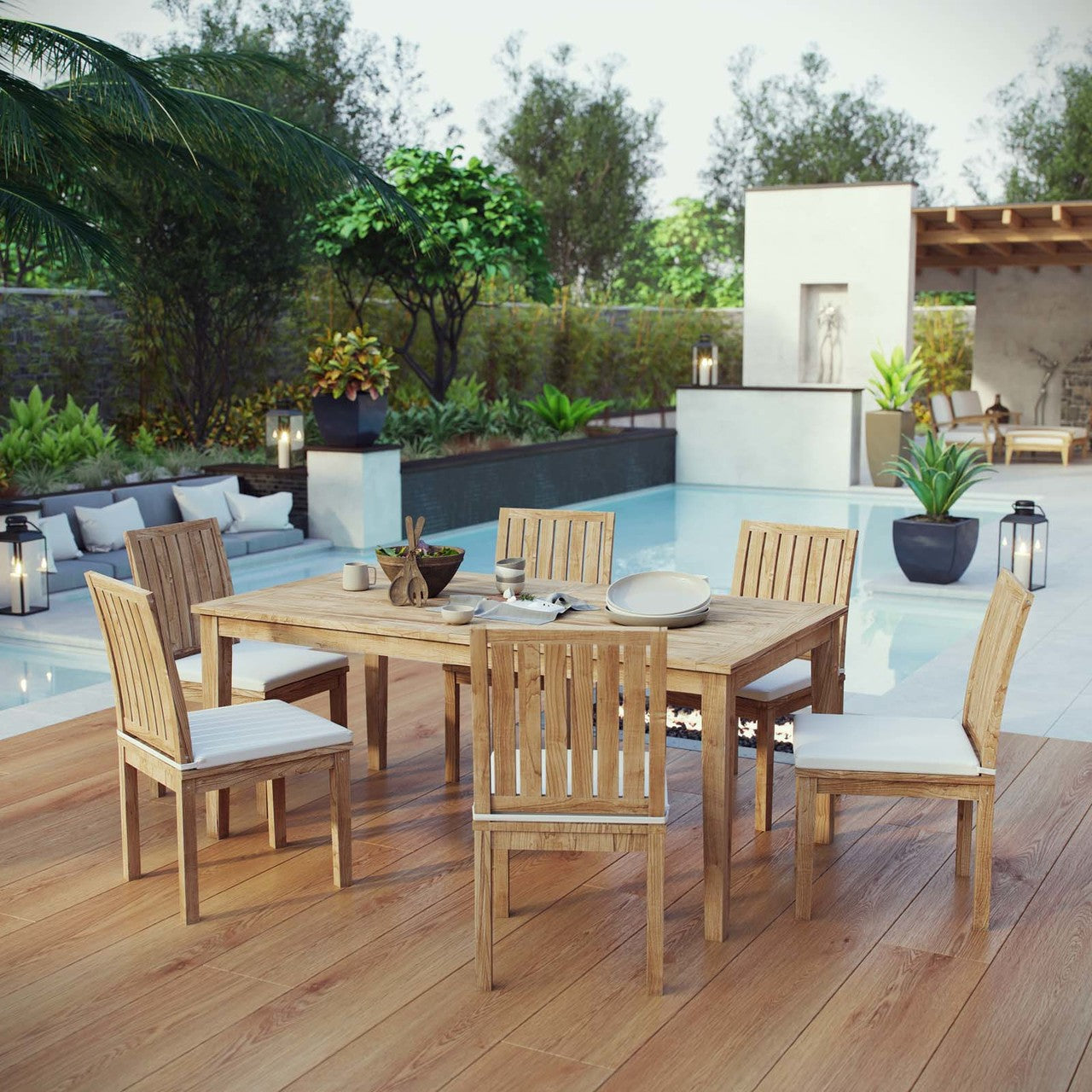 Marina 7 Piece Outdoor Patio Teak Outdoor Dining Set, Wood, White Natural 14284