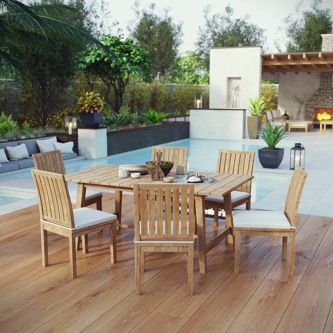 Marina 7 Piece Outdoor Patio Teak Outdoor Dining Set, Wood, White Natural 14286