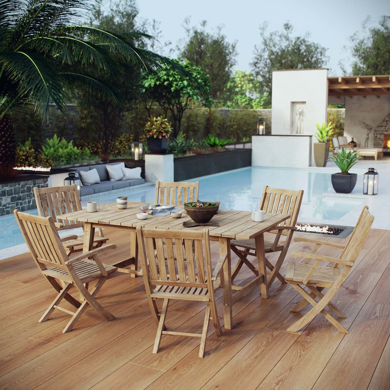 Marina 7 Piece Outdoor Patio Teak Outdoor Dining Set, Wood, Natural 14289