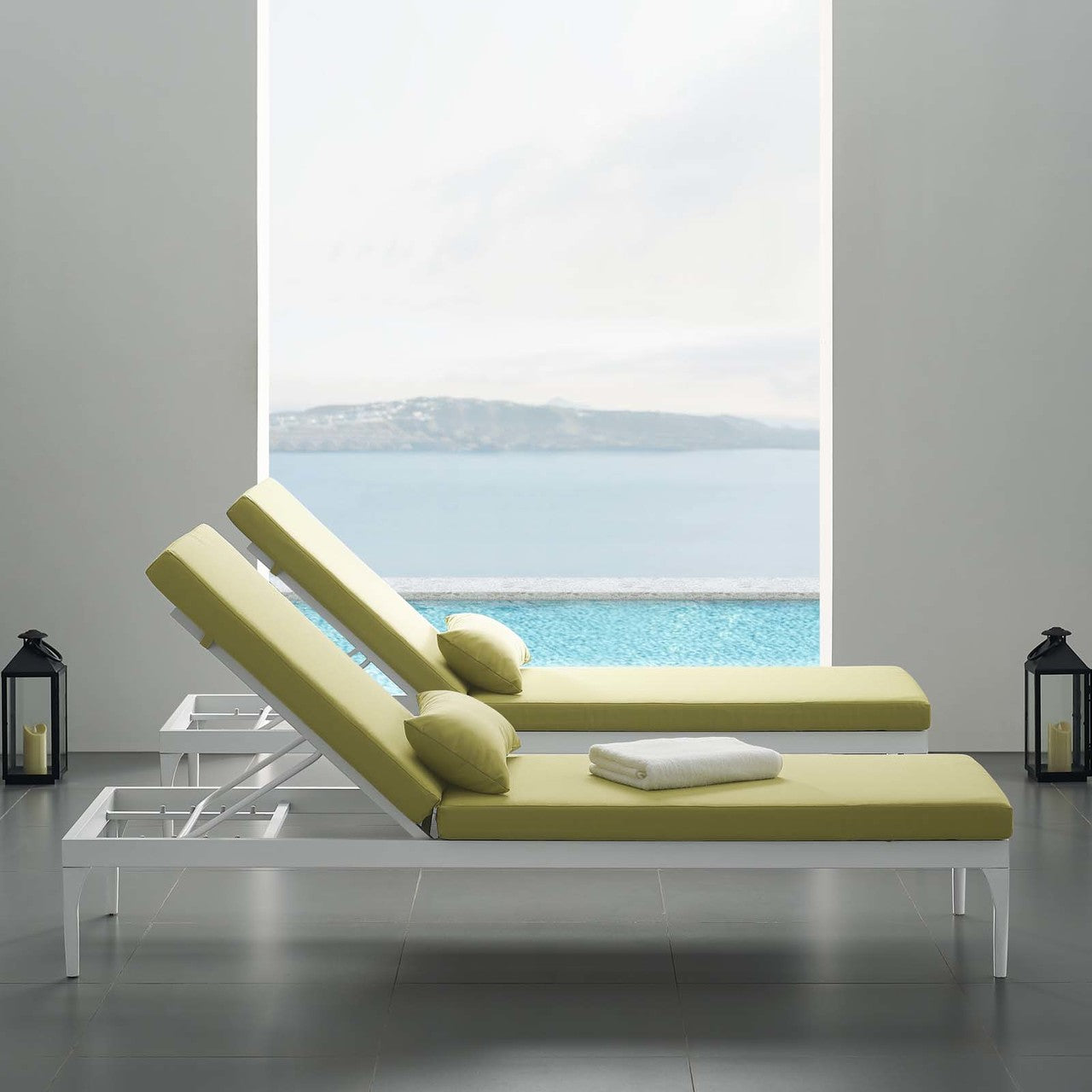 Perspective Cushion Outdoor Patio Chaise Lounge Chair, Fabric Aluminium, Green White 15374
