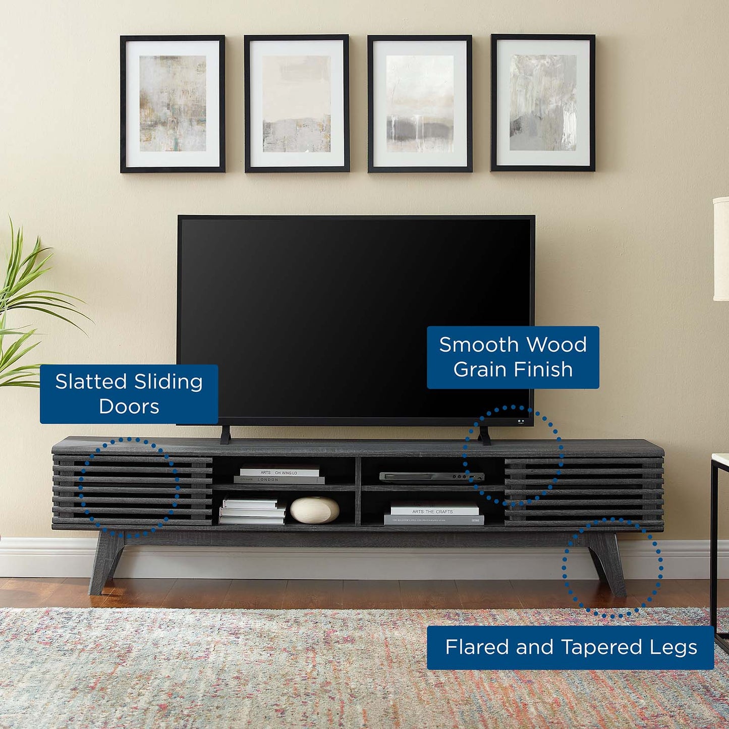 Render 70" Entertainment Center TV Stand, Wood, Dark Grey Gray, 18155
