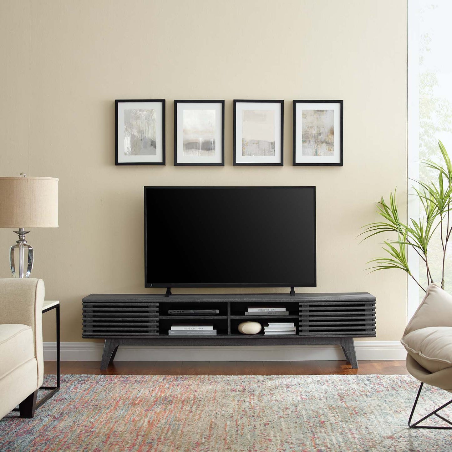 Render 70" Entertainment Center TV Stand, Wood, Dark Grey Gray, 18155