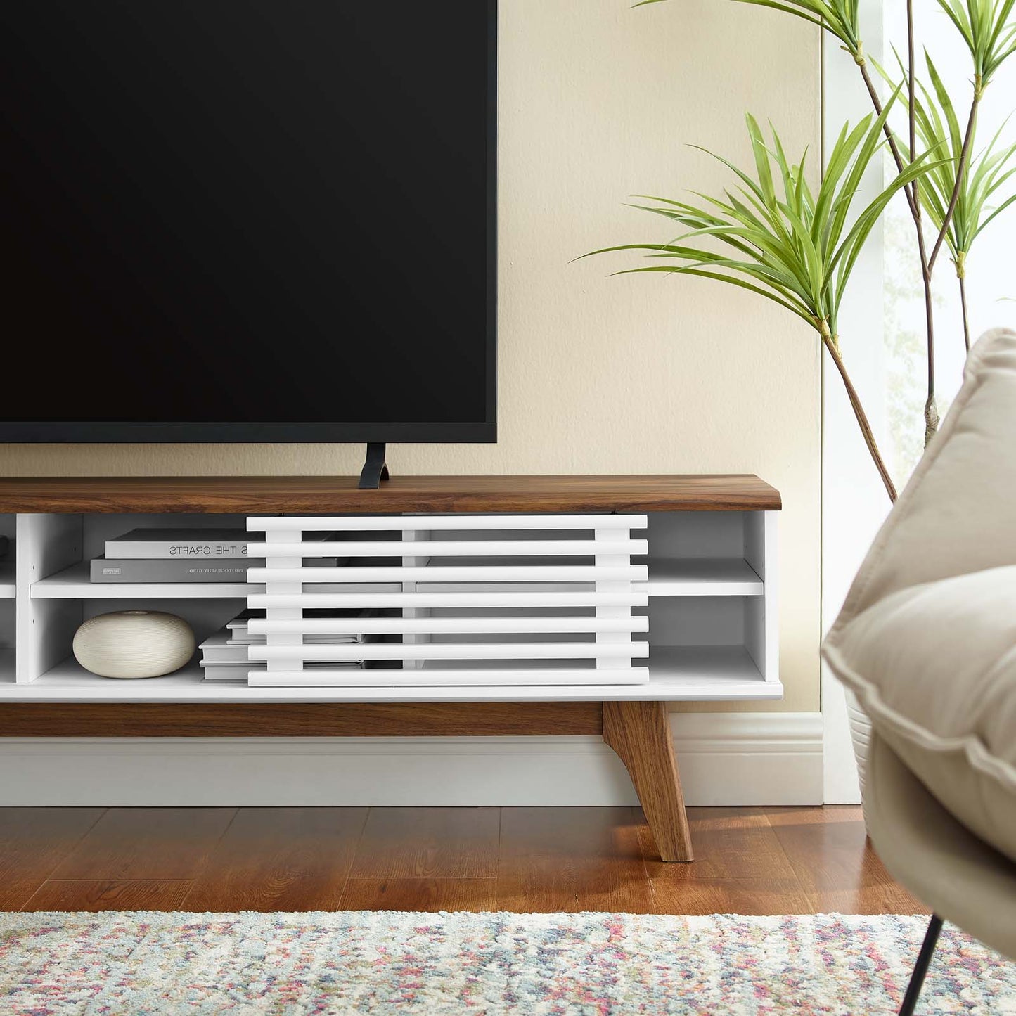 Render 70" Entertainment Center TV Stand, Wood, Brown Walnut White, 18157