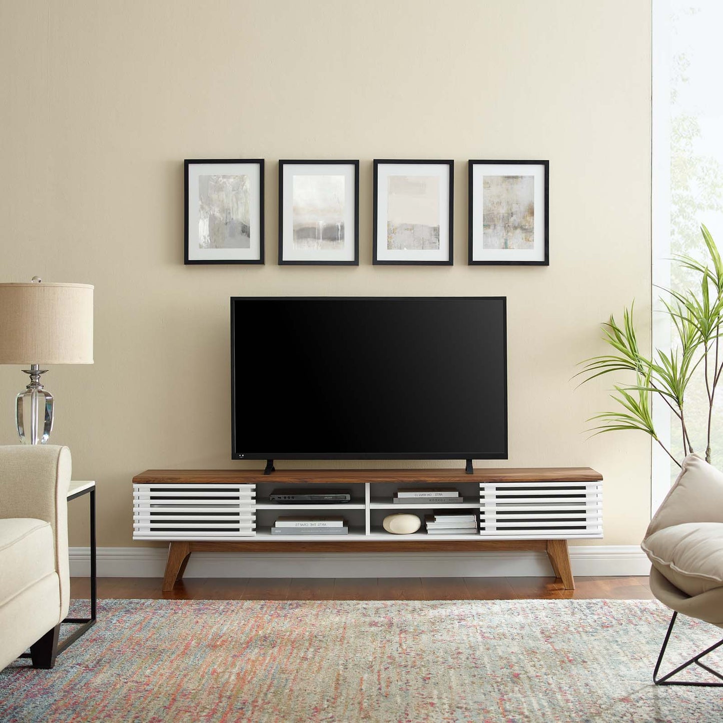 Render 70" Entertainment Center TV Stand, Wood, Brown Walnut White, 18157