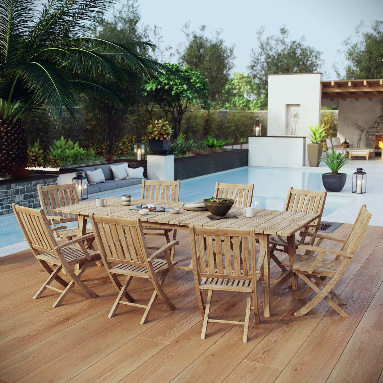 Marina 9 Piece Outdoor Patio Teak Outdoor Dining Set, Wood, Natural 14297