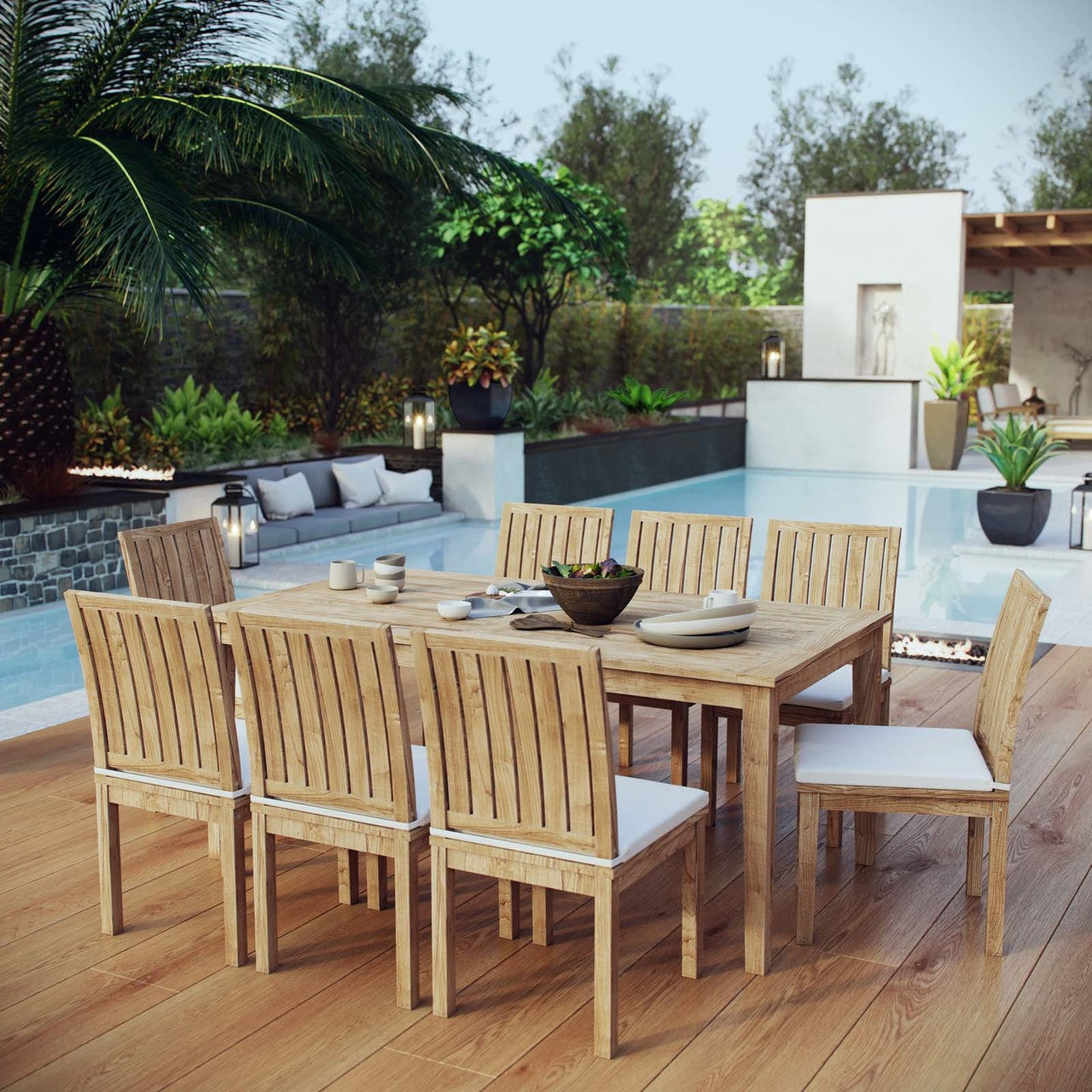 Marina 9 Piece Outdoor Patio Teak Outdoor Dining Set, Wood, White Natural 14298