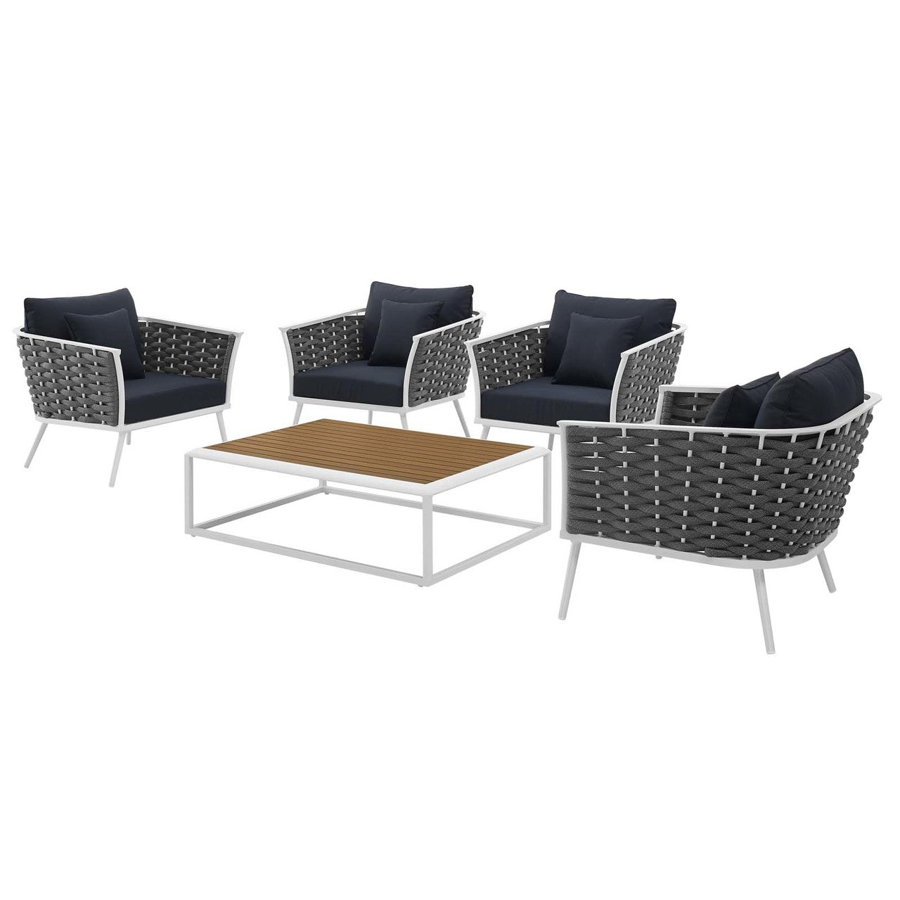 Stance 5 Piece Outdoor Patio Aluminum Sectional Sofa Set, Fabric Aluminium, White Navy 15383