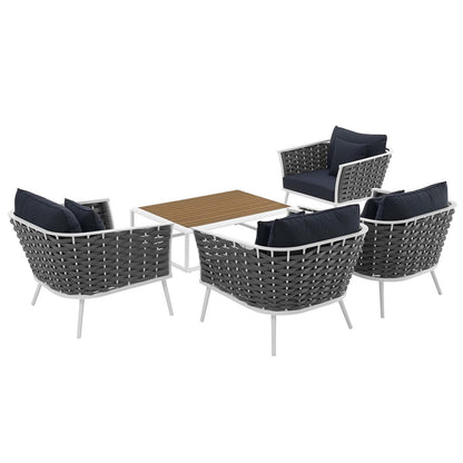 Stance 5 Piece Outdoor Patio Aluminum Sectional Sofa Set, Fabric Aluminium, White Navy 15383