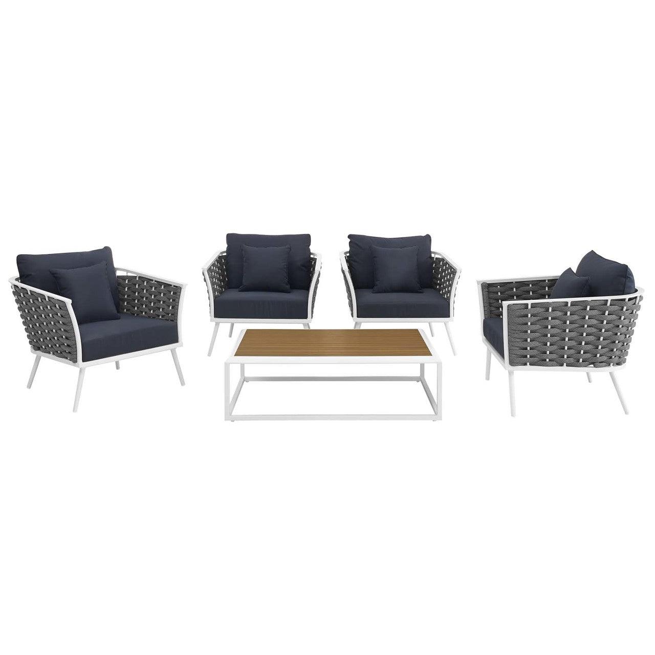 Stance 5 Piece Outdoor Patio Aluminum Sectional Sofa Set, Fabric Aluminium, White Navy 15383