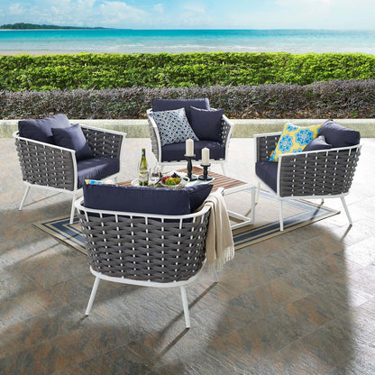 Stance 5 Piece Outdoor Patio Aluminum Sectional Sofa Set, Fabric Aluminium, White Navy 15383