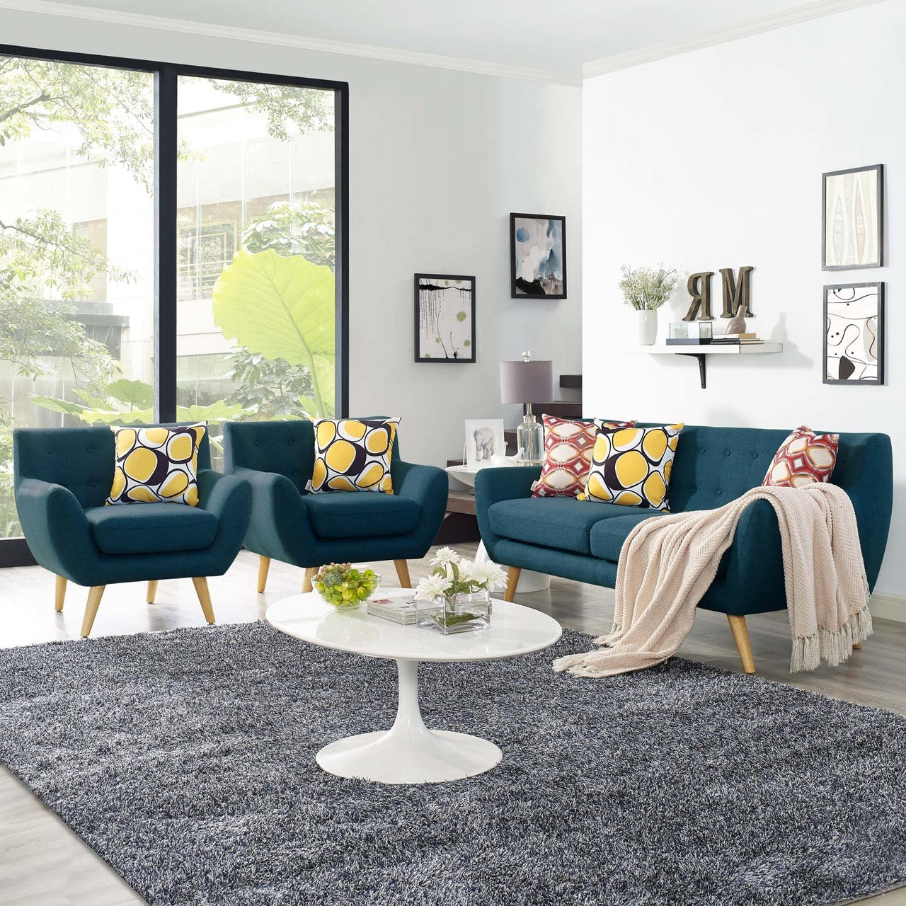 Remark 3 Piece Living Room Sofa and Two Armchairs Set, Fabric, Navy Blue 14310