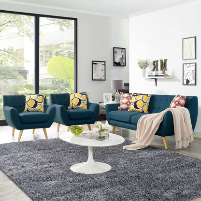 Remark 3 Piece Living Room Sofa and Two Armchairs Set, Fabric, Navy Blue 14310