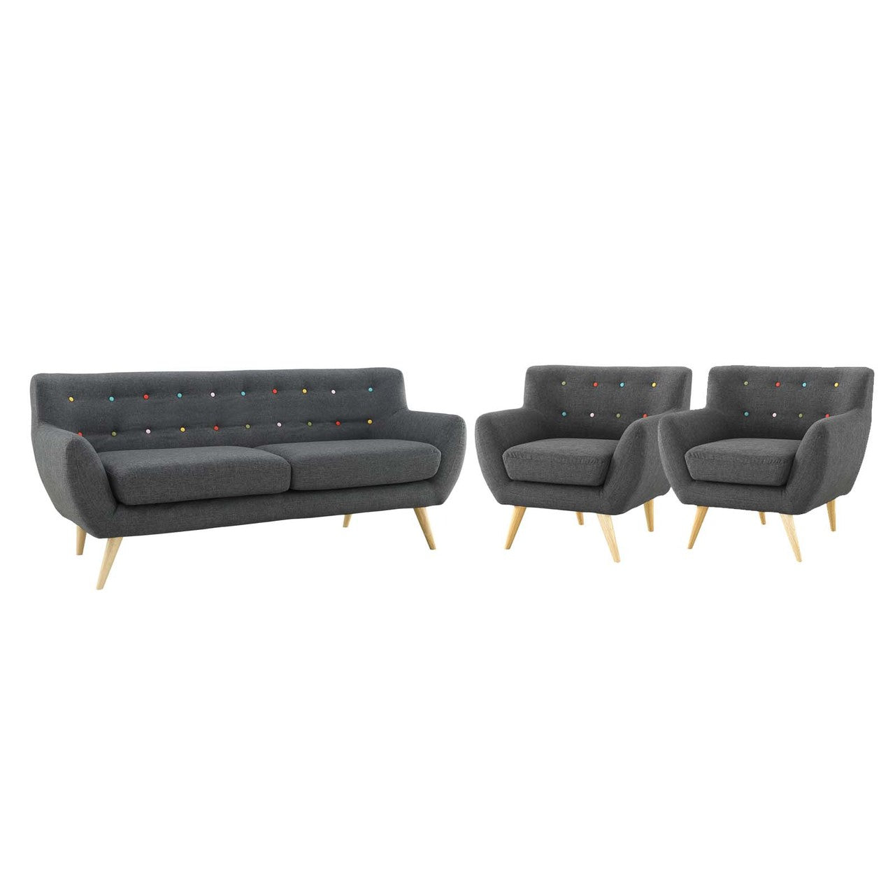 Remark 3 Piece Living Room Sofa and Two Armchairs Set, Fabric, Grey Gray 14312