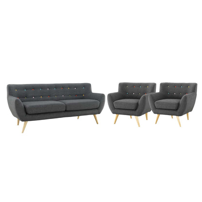 Remark 3 Piece Living Room Sofa and Two Armchairs Set, Fabric, Grey Gray 14312