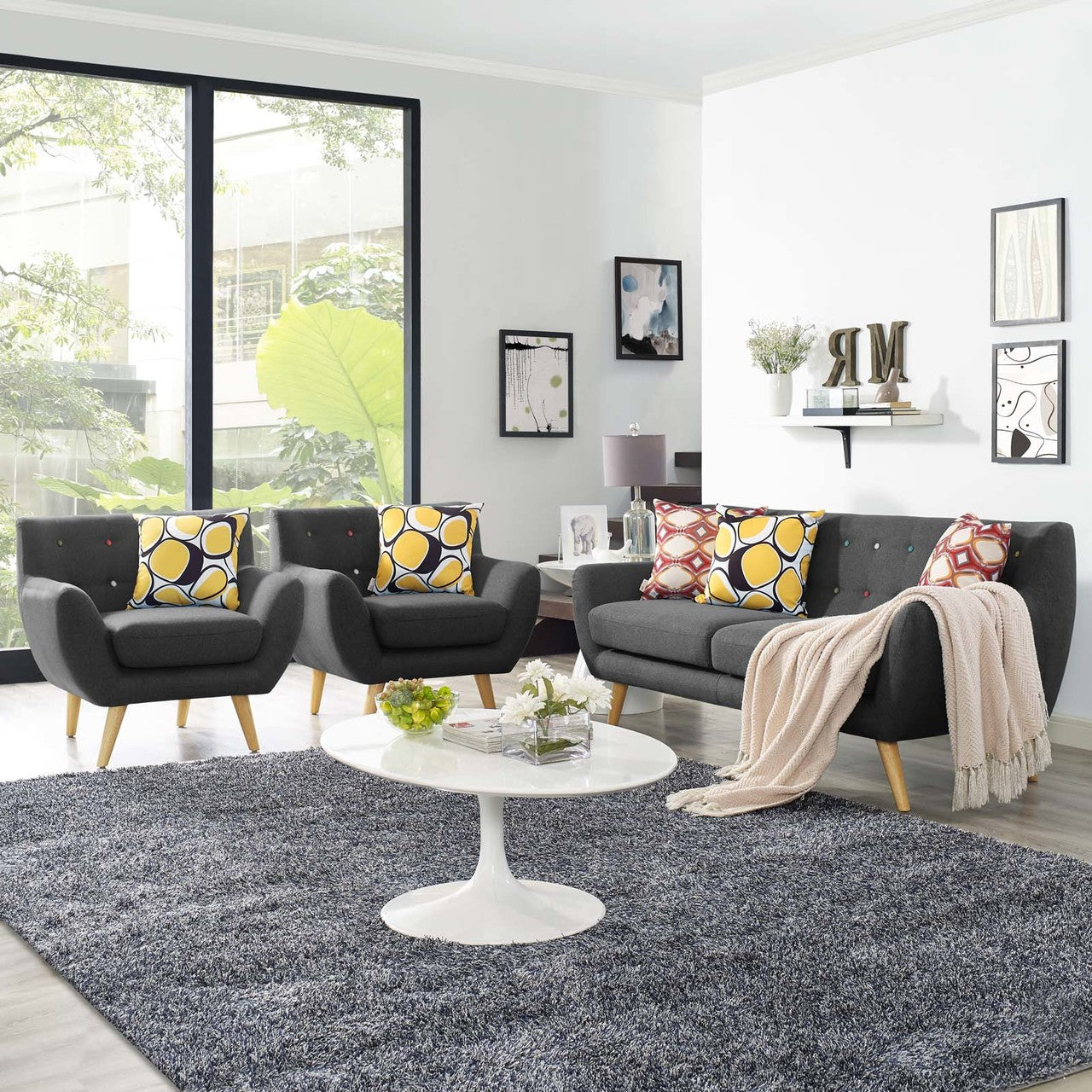Remark 3 Piece Living Room Sofa and Two Armchairs Set, Fabric, Grey Gray 14312