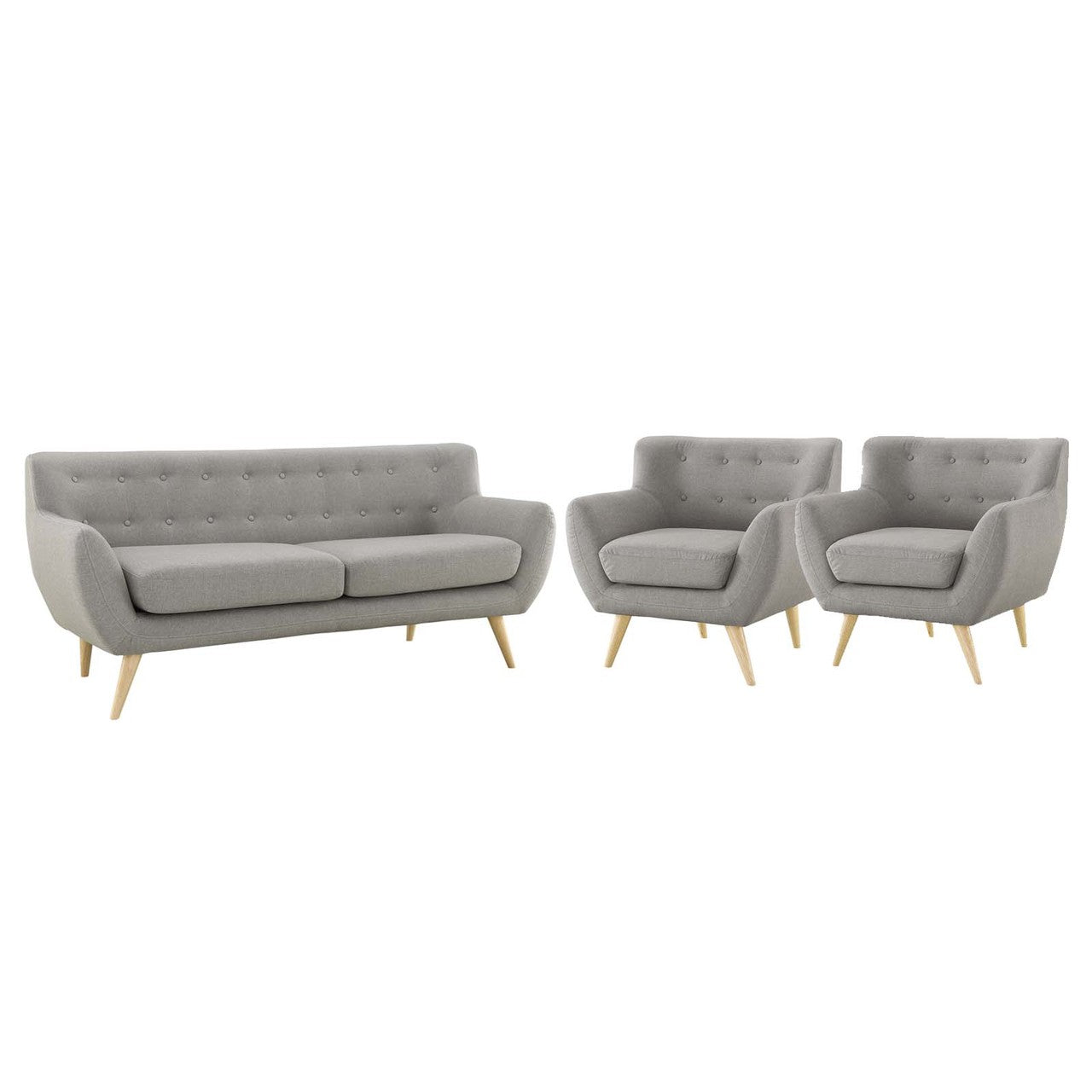 Remark 3 Piece Living Room Sofa and Two Armchairs Set, Fabric, Light Grey Gray 14313