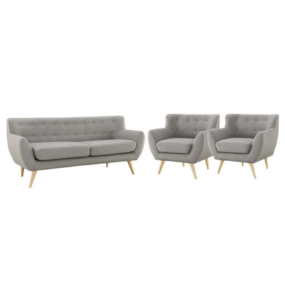 Remark 3 Piece Living Room Sofa and Two Armchairs Set, Fabric, Light Grey Gray 14313