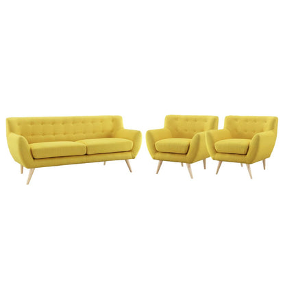 Remark 3 Piece Living Room Sofa and Two Armchairs Set, Fabric, Yellow 14314