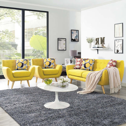 Remark 3 Piece Living Room Sofa and Two Armchairs Set, Fabric, Yellow 14314