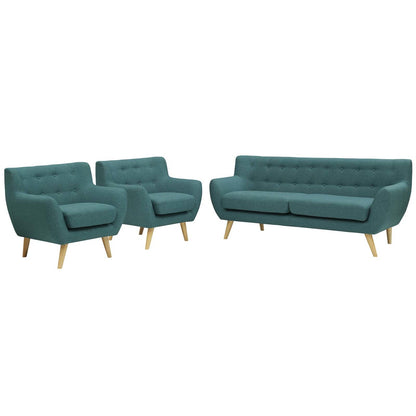 Remark 3 Piece Living Room Sofa and Two Armchairs Set, Fabric, Aqua Blue 14315
