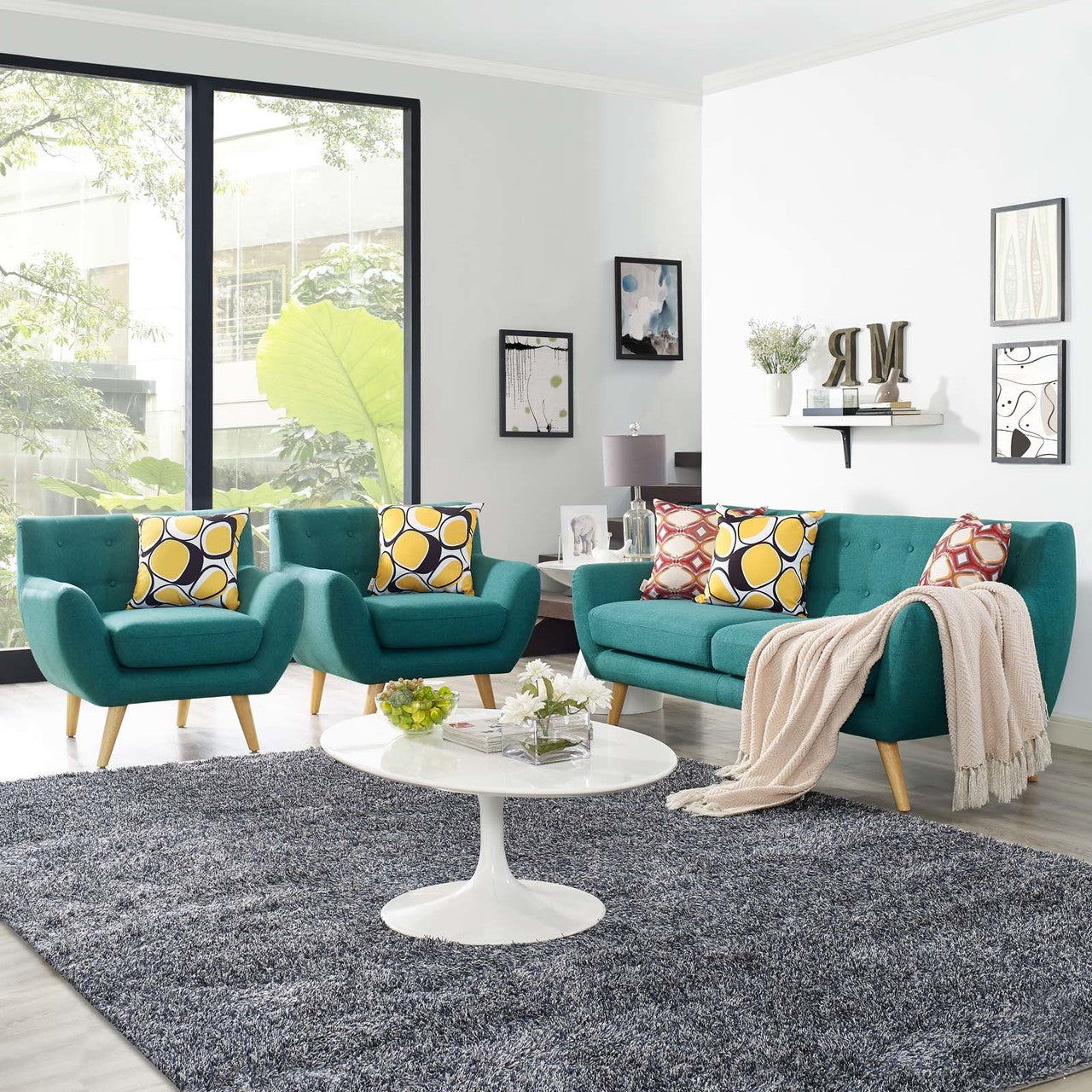 Remark 3 Piece Living Room Sofa and Two Armchairs Set, Fabric, Aqua Blue 14315
