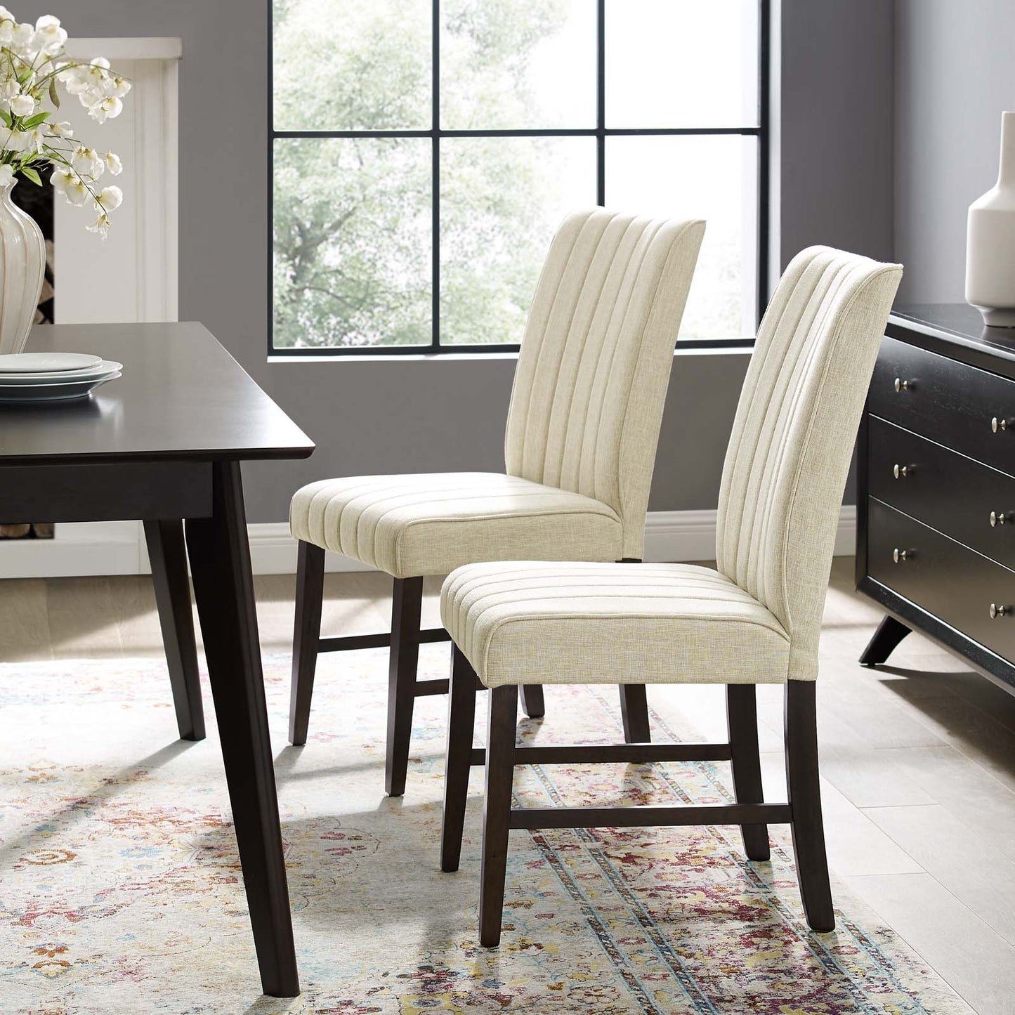 Motivate Channel Tufted Upholstered Fabric Dining Chair Set of 2, Fabric, Wood, Beige, 18161