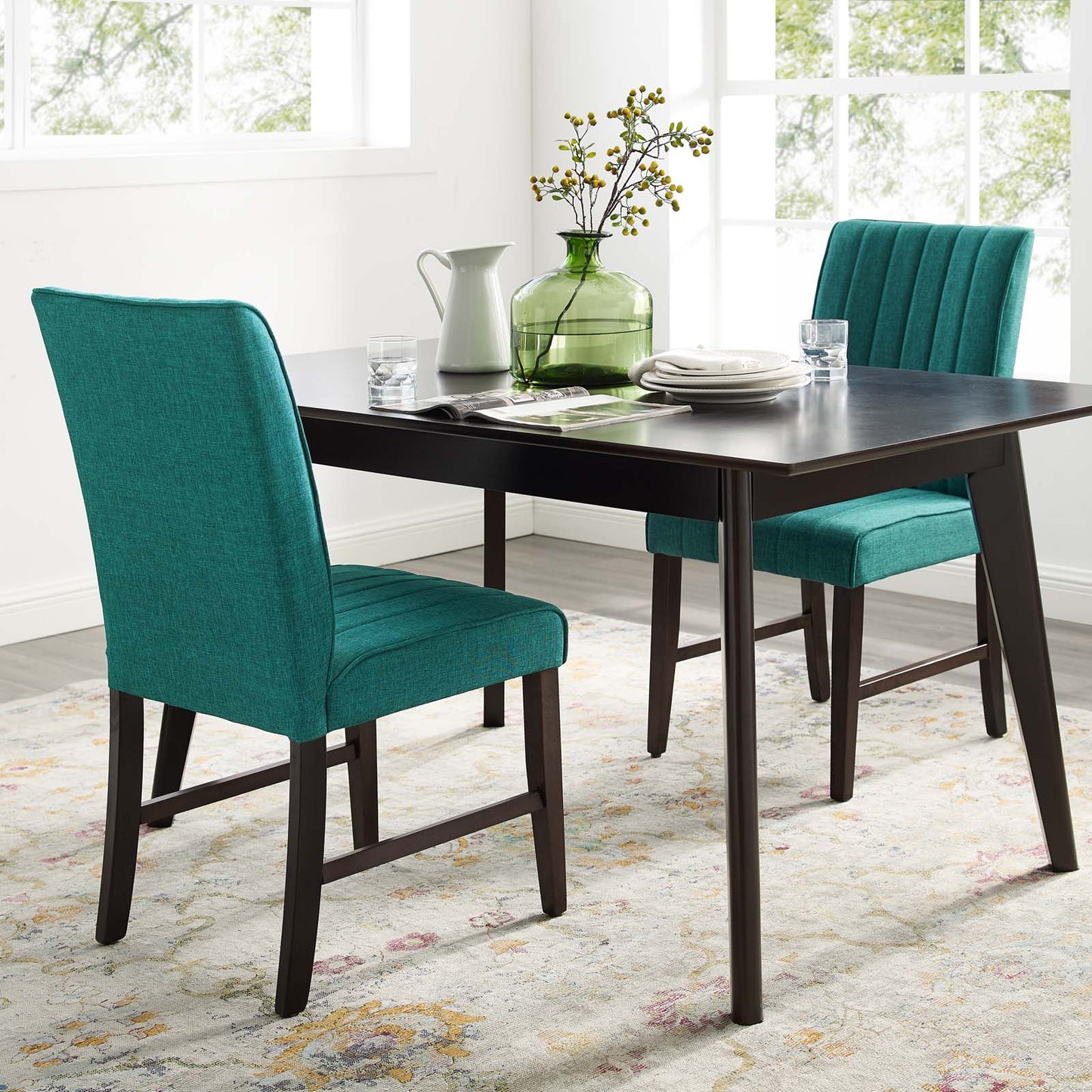 Motivate Channel Tufted Upholstered Fabric Dining Chair Set of 2, Fabric, Wood, Teal Blue, 18164