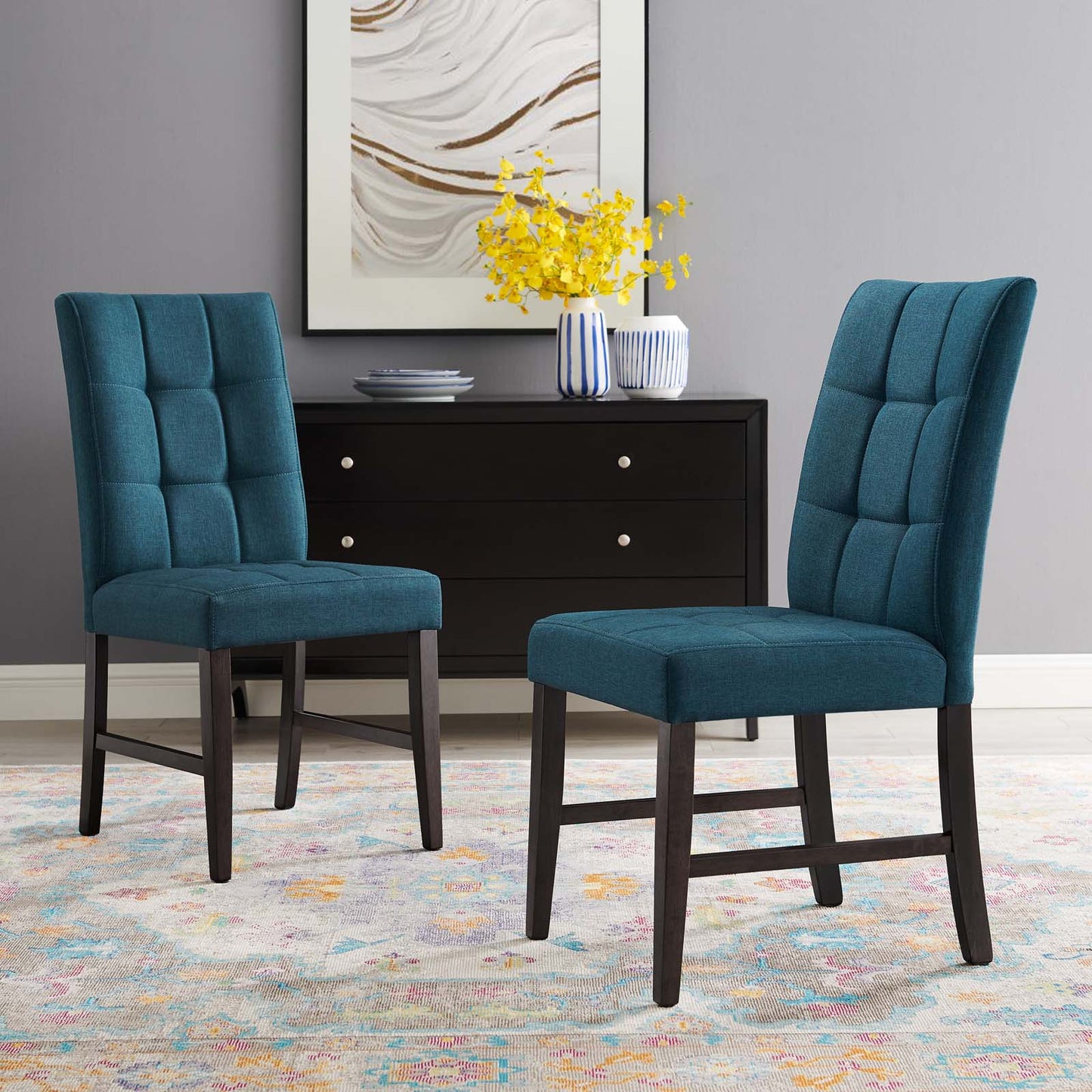 Promulgate Biscuit Tufted Upholstered Fabric Dining Chair Set of 2, Fabric, Wood, Blue, 18168