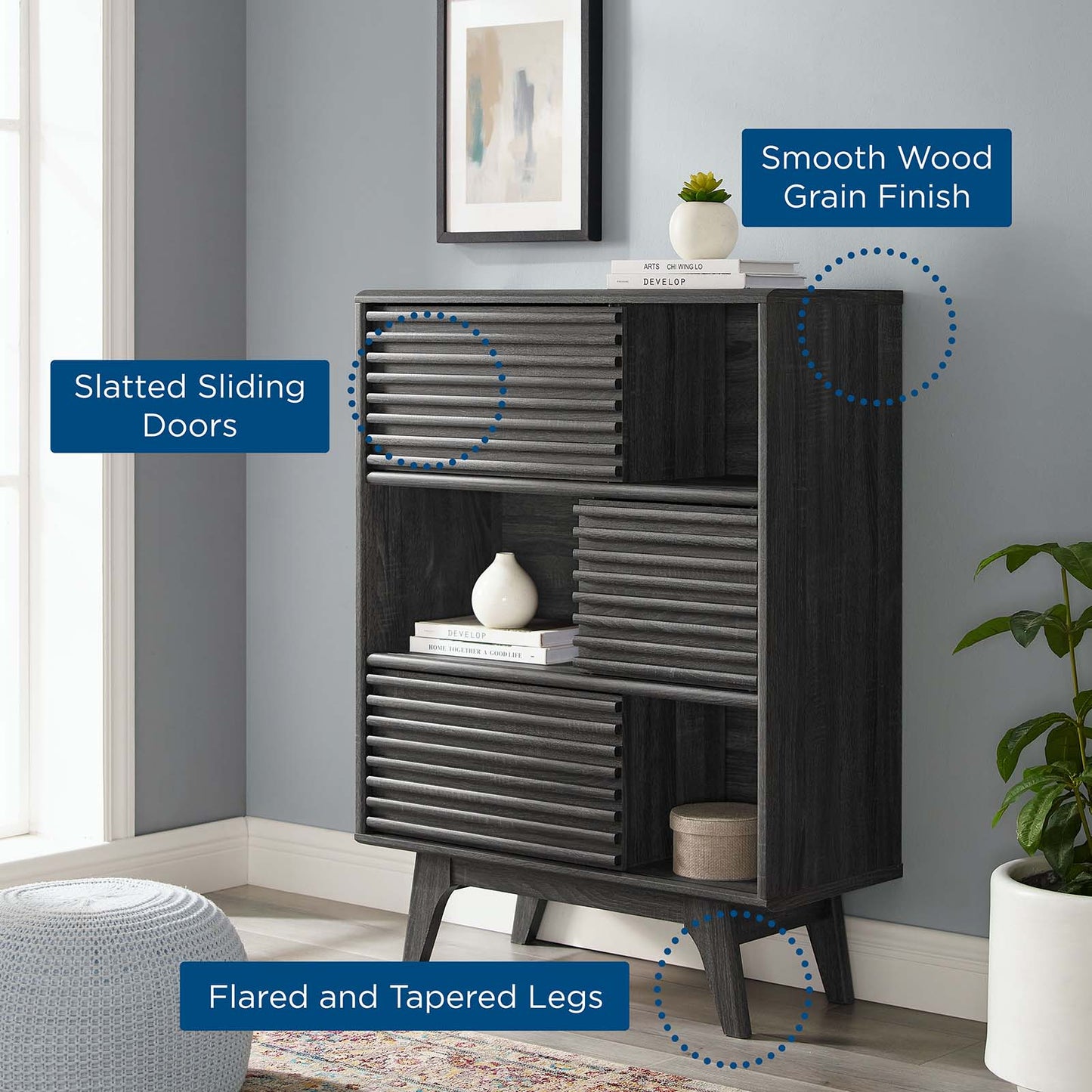 Render Three-Tier Display Storage Cabinet Stand, Wood, Dark Grey Gray, 18174