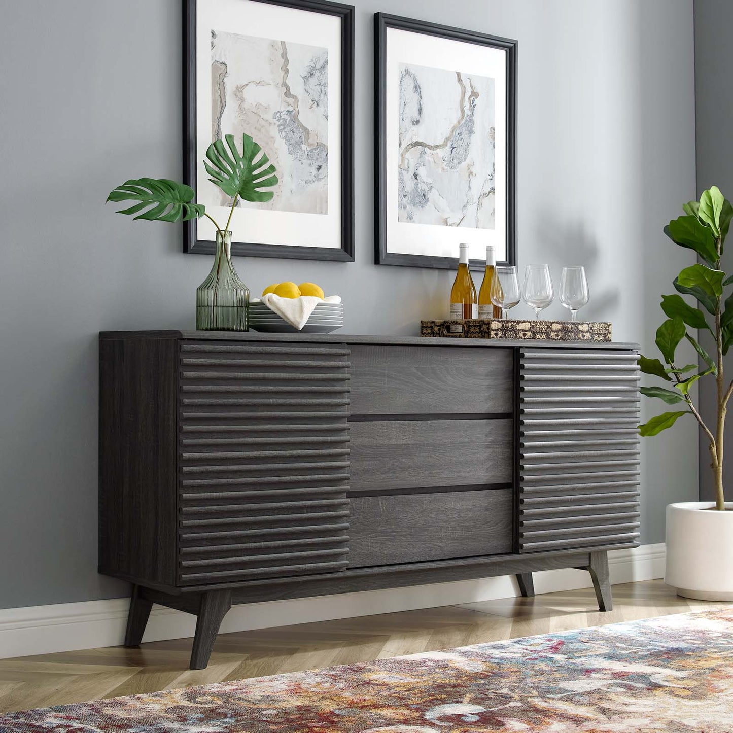 Render 63" Sideboard Buffet Table or TV Stand, Wood, Dark Grey Gray, 18177