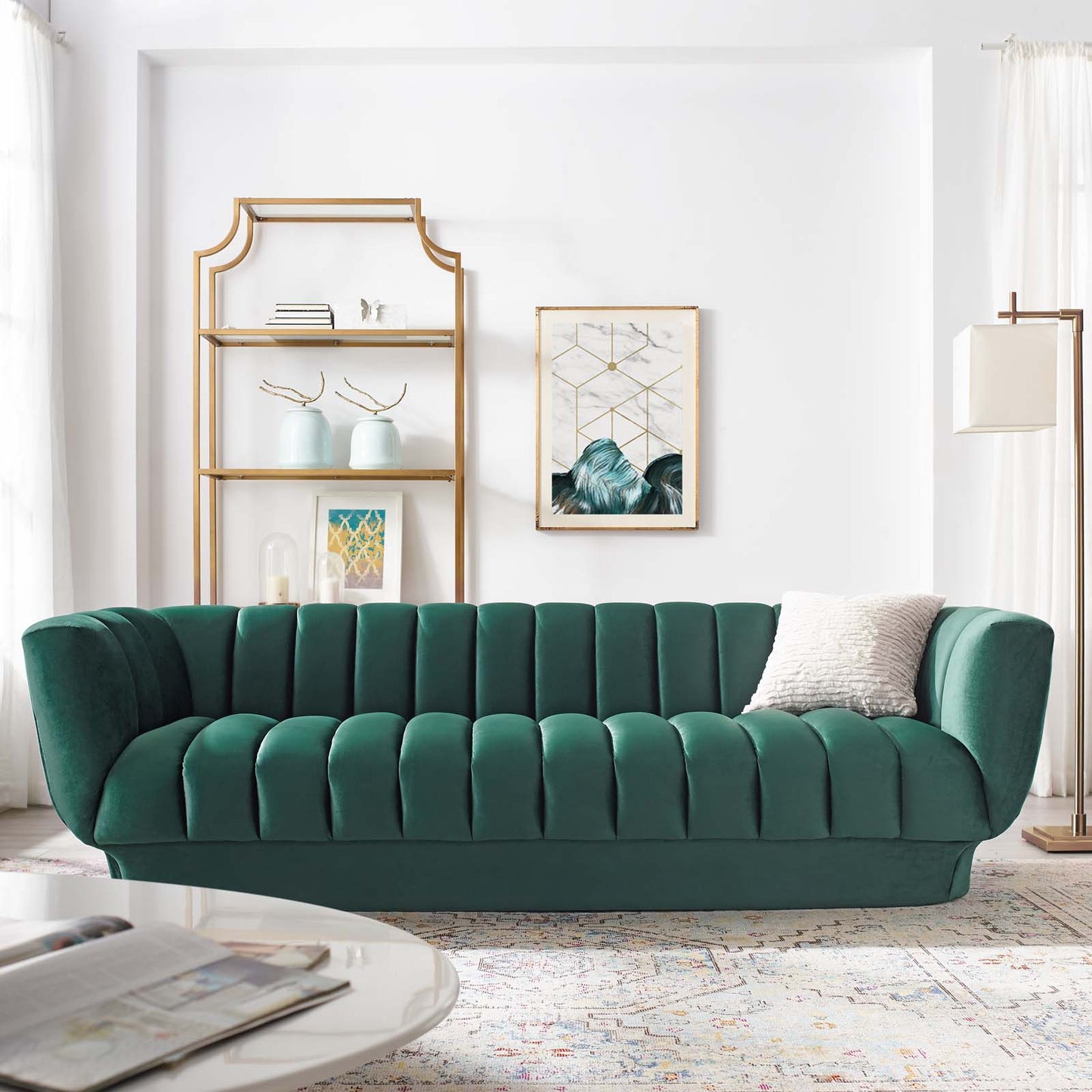 Entertain Vertical Channel Tufted Performance Velvet Sofa, Velvet Fabric, Green, 17298