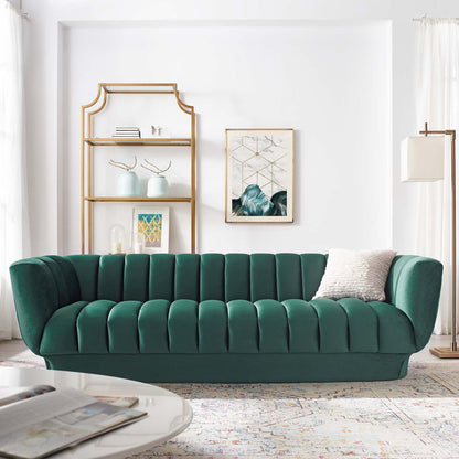 Entertain Vertical Channel Tufted Performance Velvet Sofa, Velvet Fabric, Green, 17298