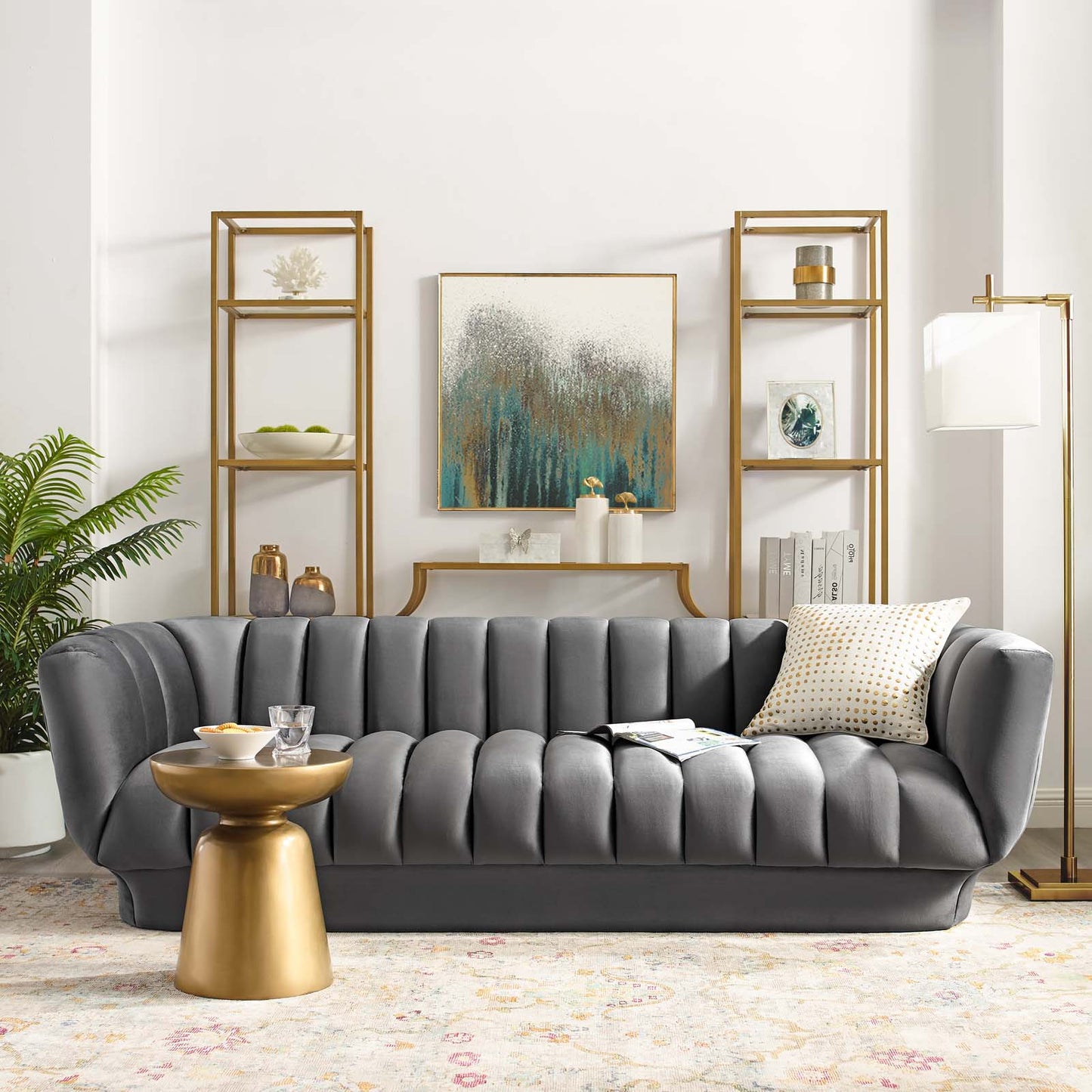 Entertain Vertical Channel Tufted Performance Velvet Sofa, Velvet Fabric, Grey Gray, 17299