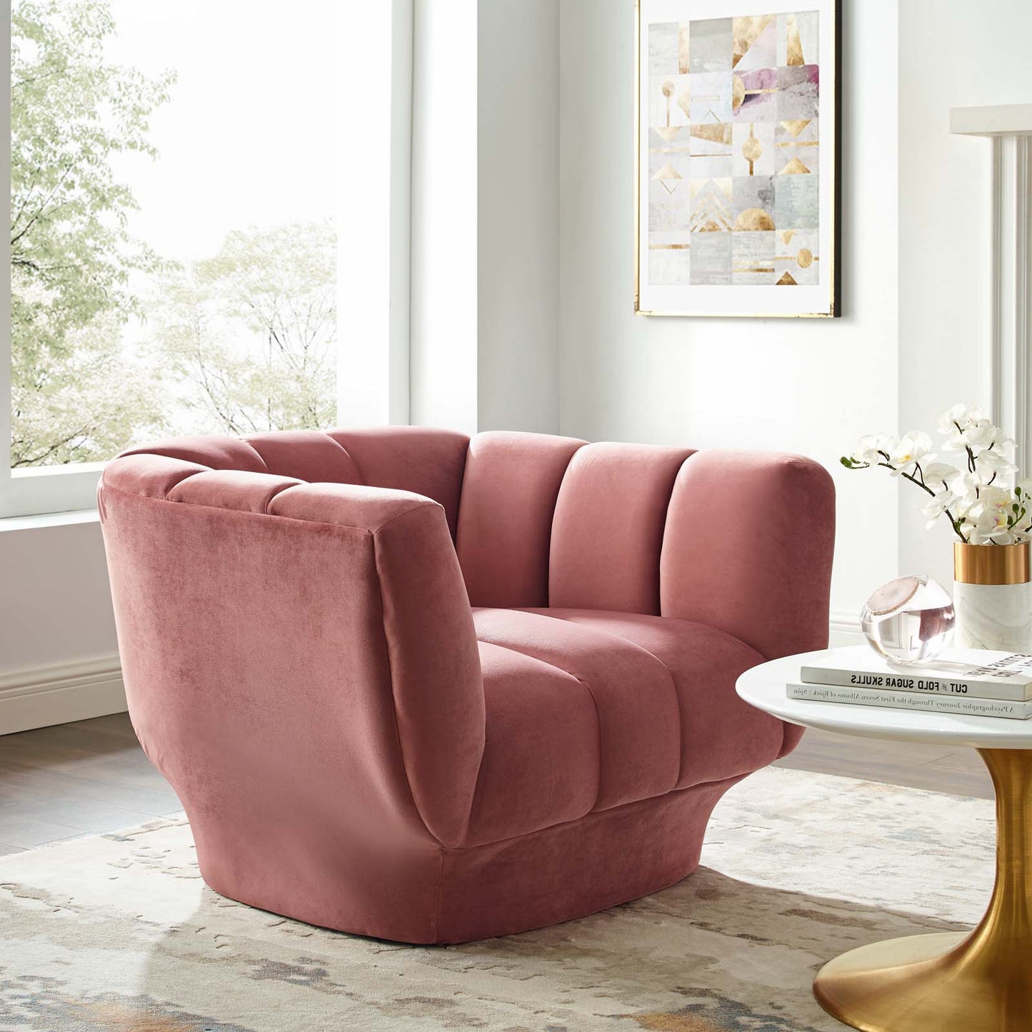 Entertain Vertical Channel Tufted Performance Velvet Armchair, Velvet Fabric, Pink, 17301