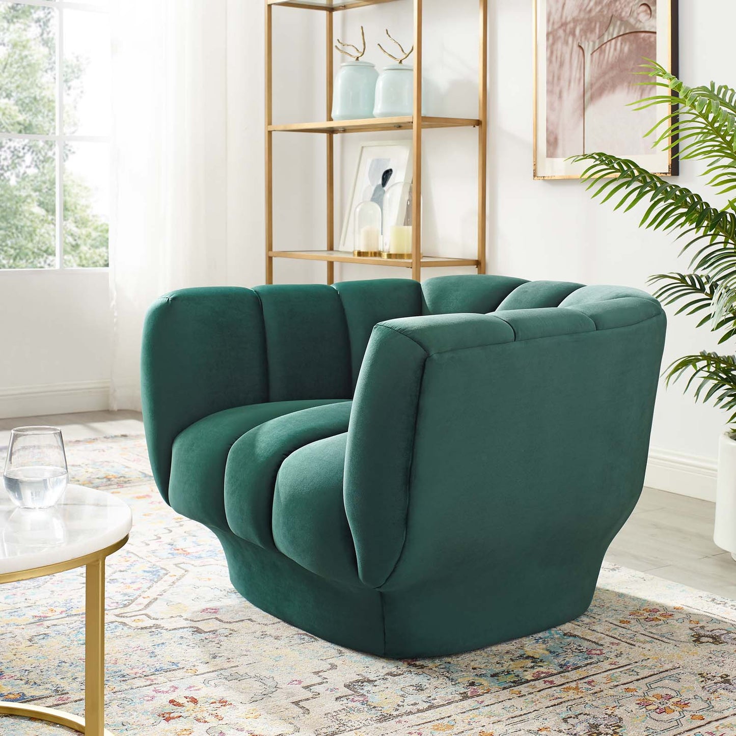 Entertain Vertical Channel Tufted Performance Velvet Armchair, Velvet Fabric, Green, 17302
