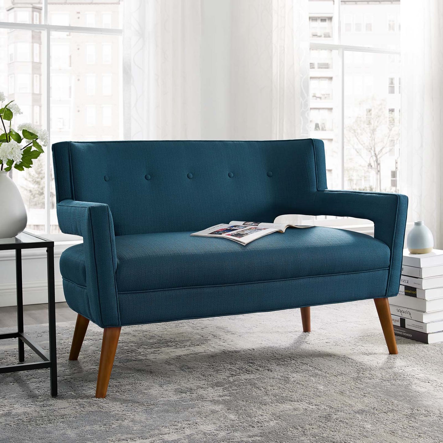 Sheer Upholstered Fabric Loveseat, Fabric, Navy Blue, 17305