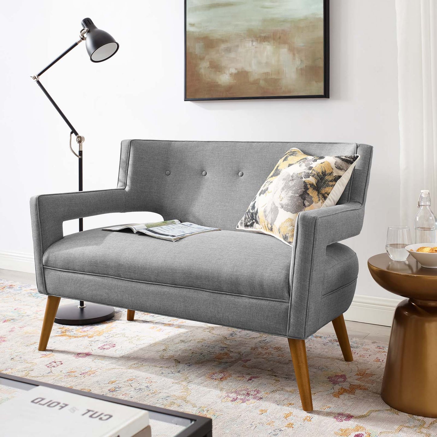 Sheer Upholstered Fabric Loveseat, Fabric, Light Grey Gray, 17307