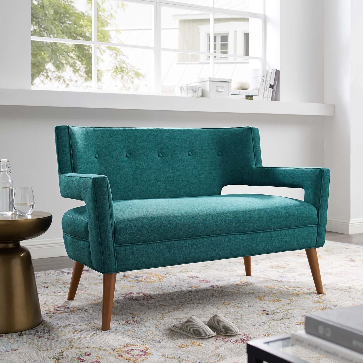Sheer Upholstered Fabric Loveseat, Fabric, Aqua Blue, 17309