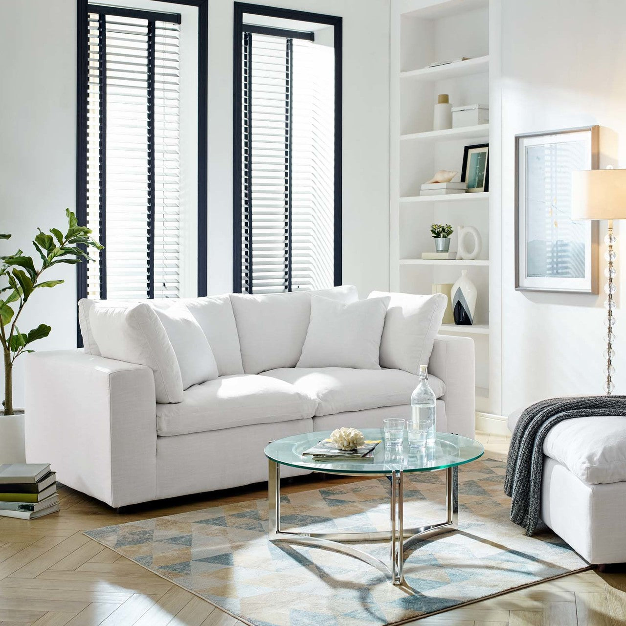 Commix Down Filled Overstuffed 2 Piece Sectional Sofa Set, Fabric, White 15720