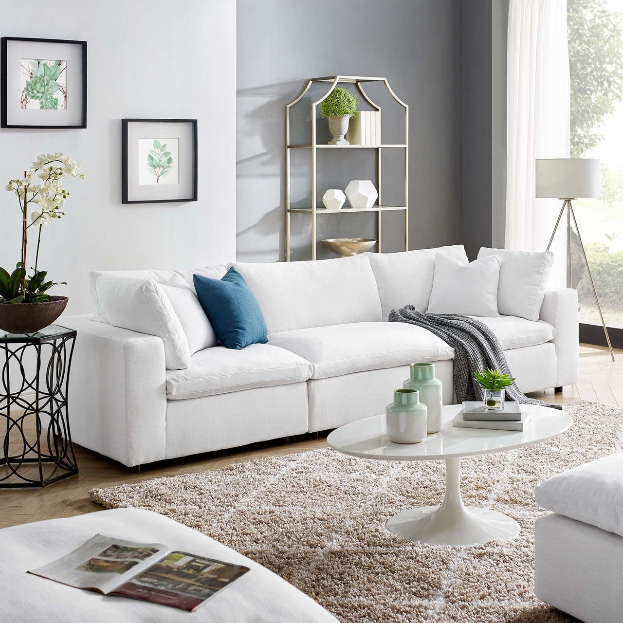 Commix Down Filled Overstuffed 3 Piece Sectional Sofa Set, Fabric, White 15725